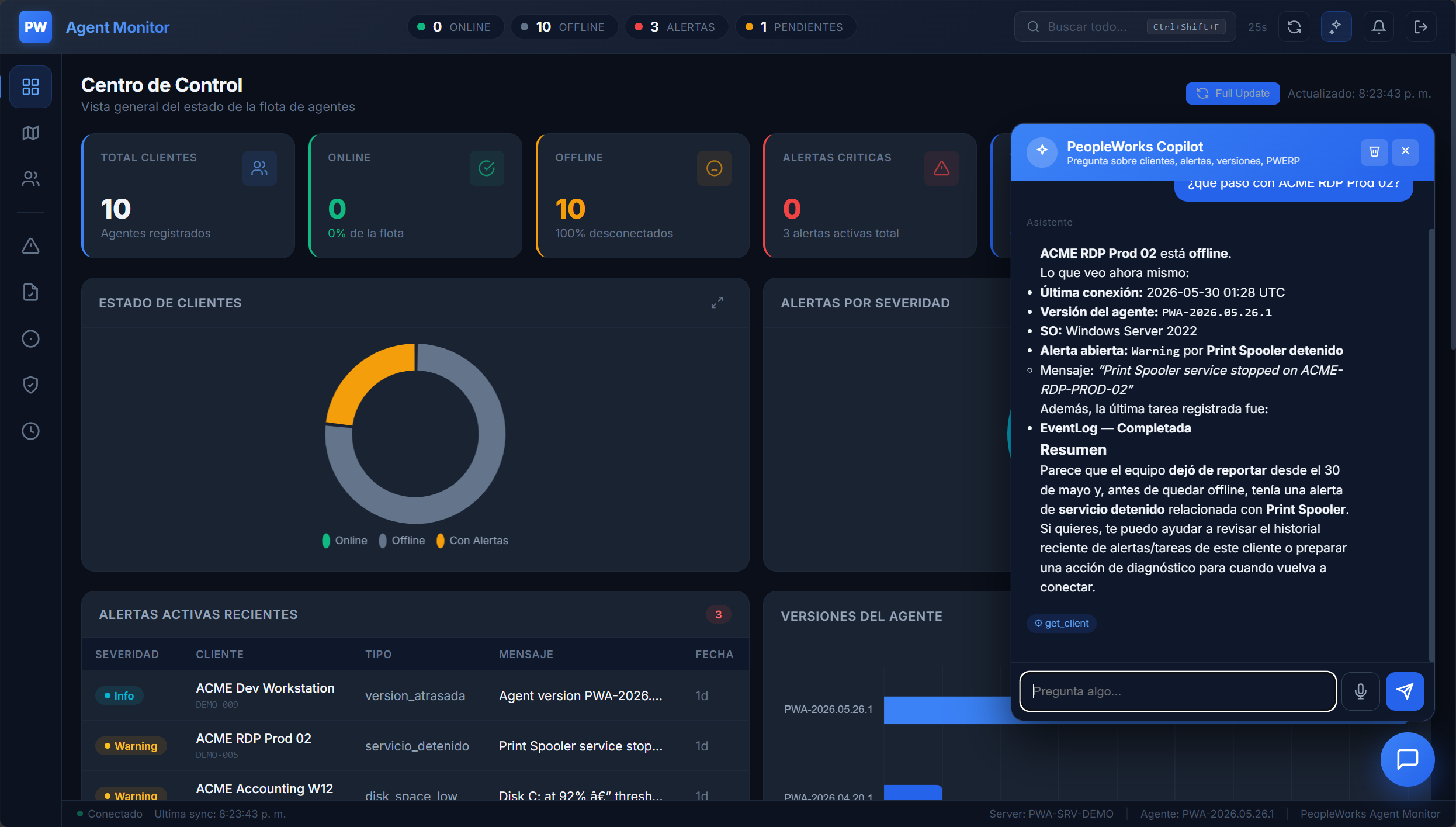 AI chat conversation with the operator asking about critical alerts; the agent responds with a tool call listing active alerts and a suggested follow-up action