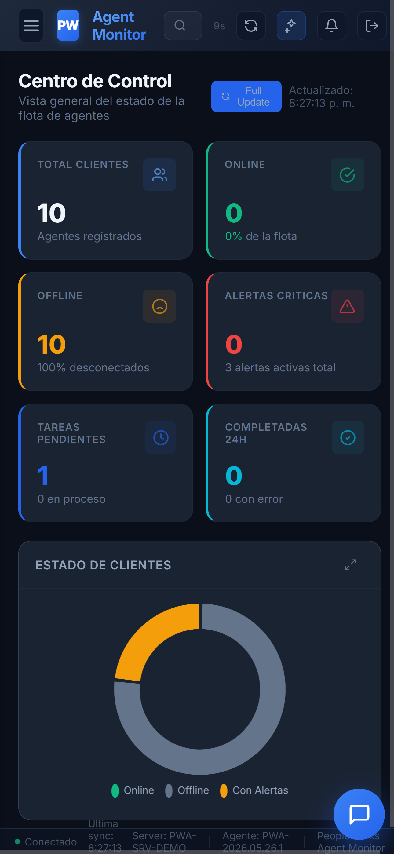 PWA dashboard rendered on a phone viewport, fleet overview cards stacked vertically with active alerts visible