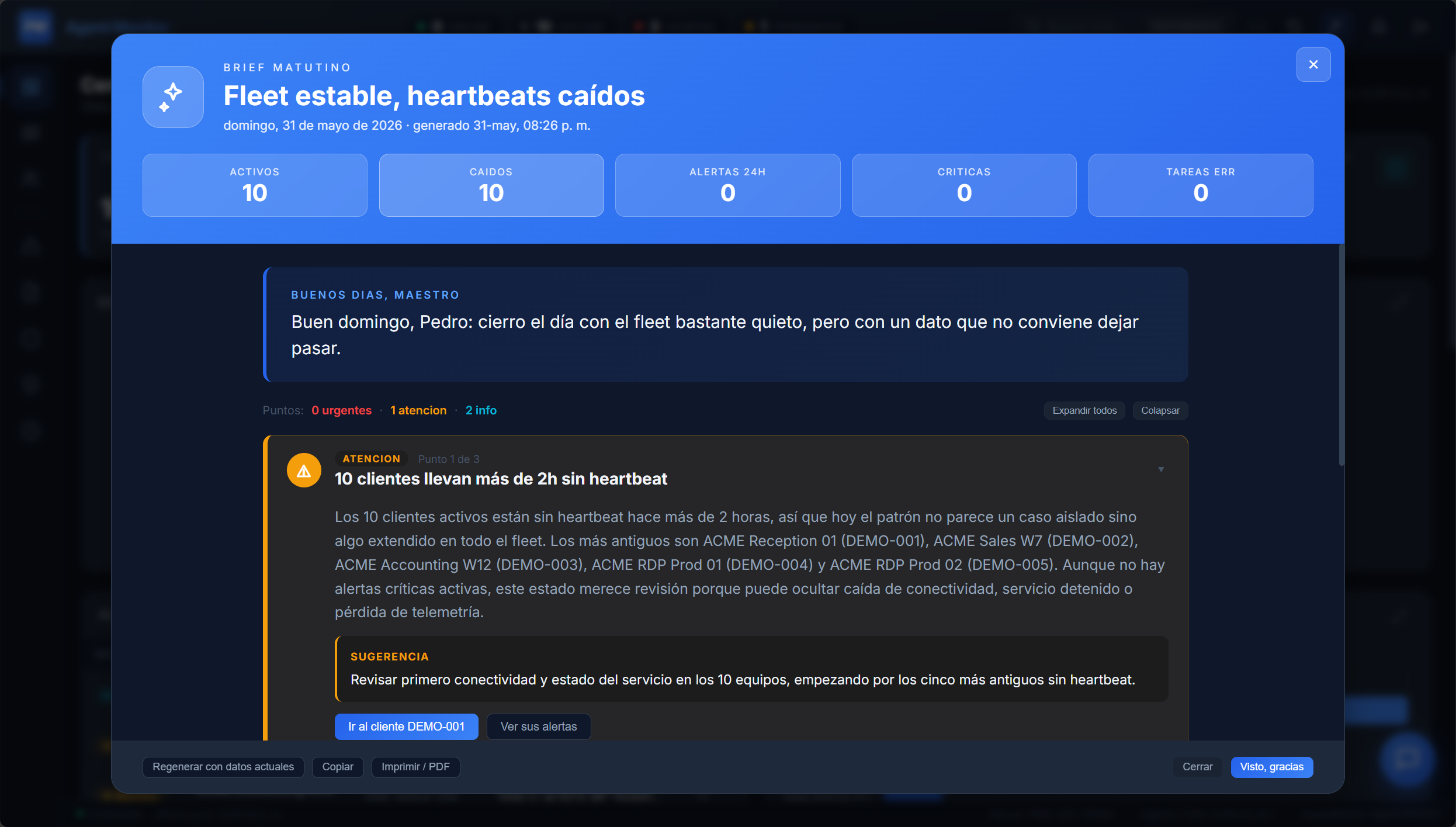 Playbook execution view showing a multi-step health-check sequence with per-step status, target hosts, and timing